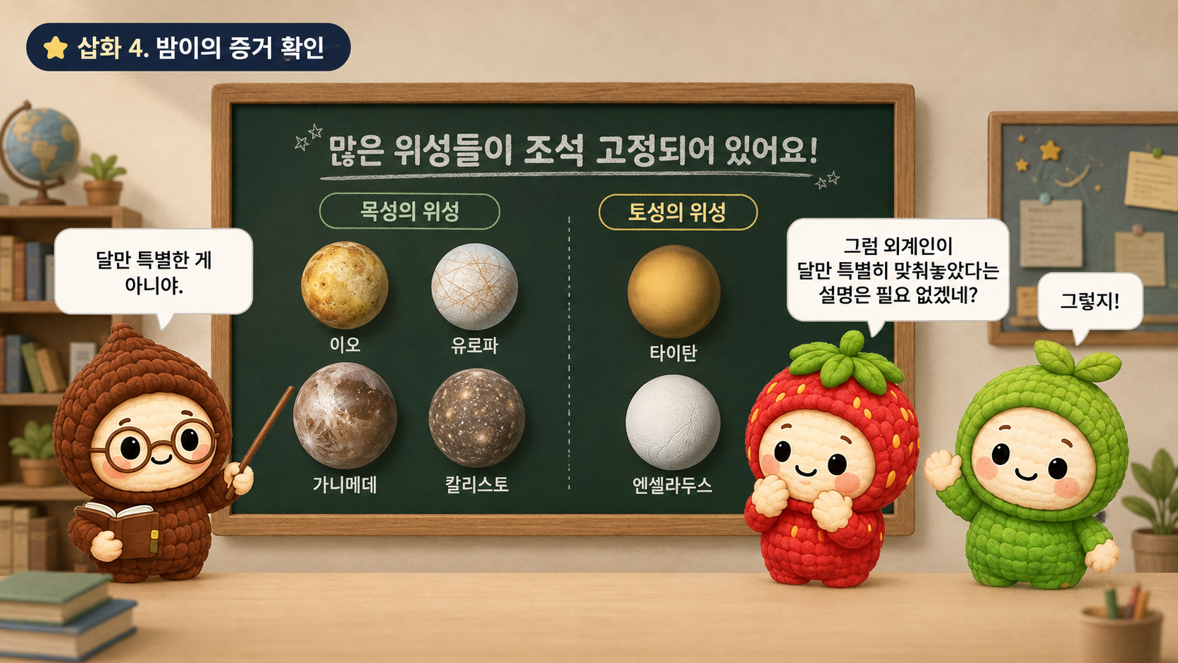 밤이가 목성과 토성의 여러 위성에서 조석 고정이 흔하게 나타남을 설명하는 삽화